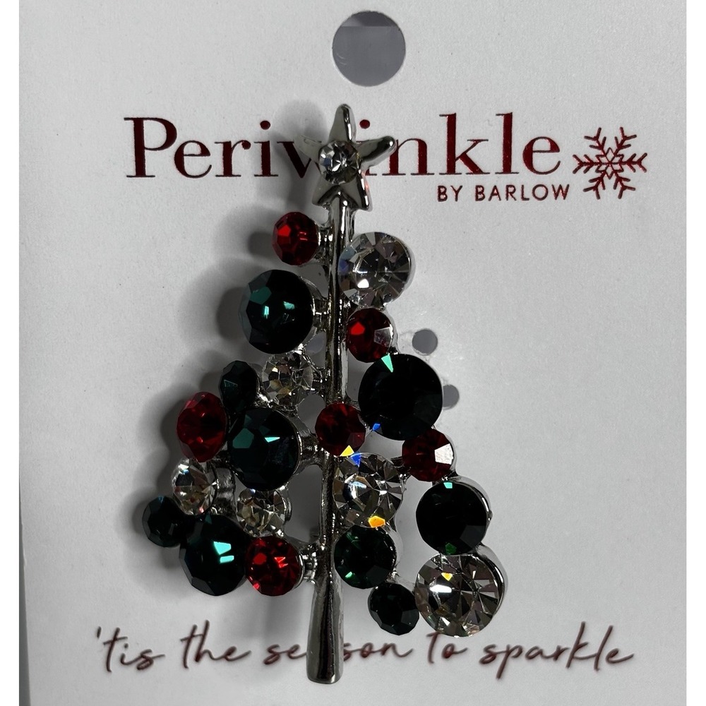 Periwinkle By Barlow Christmas Tree Brooch Pin Red Green & Clear Rhinestones NWT